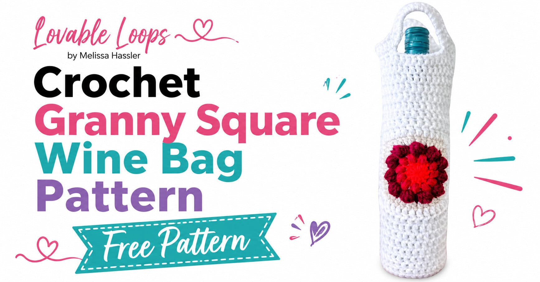 Nordic granny square crochet wine bag in white with a red and burgundy flower motif, built-in handle, and wine bottle inside, shown with “Nordic Granny Square Wine Bag” and “Free Pattern” text.