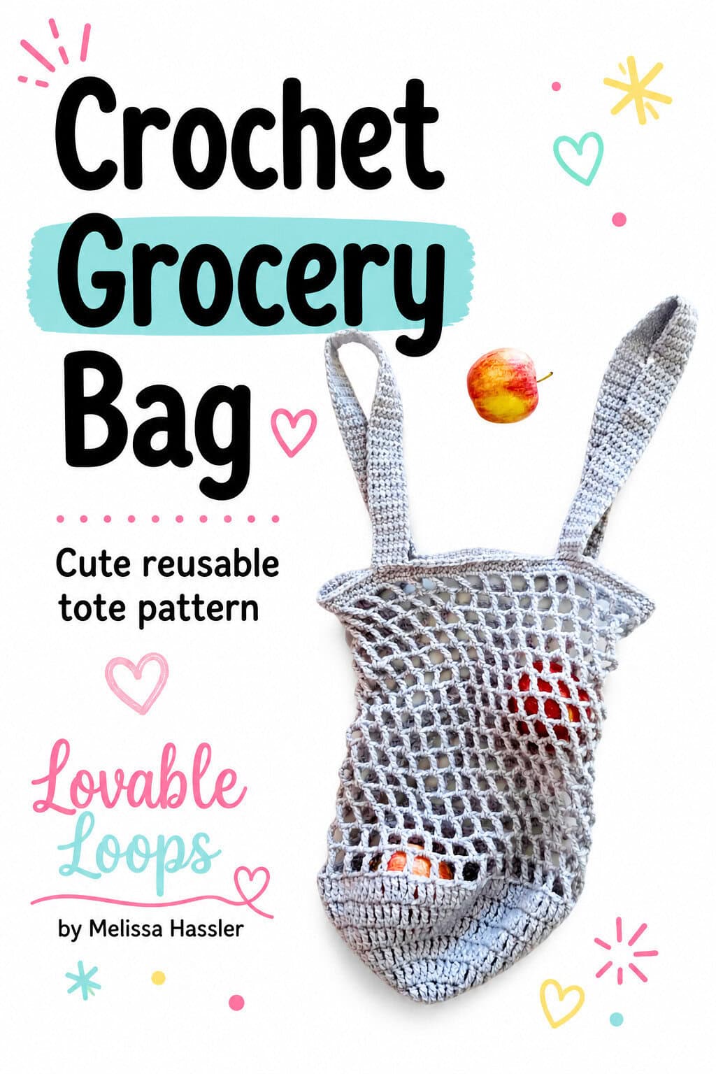 Reusable gray crochet grocery bag with a mesh market tote design, long handles, and apples visible inside, shown with โCrochet Grocery Bagโ text.
