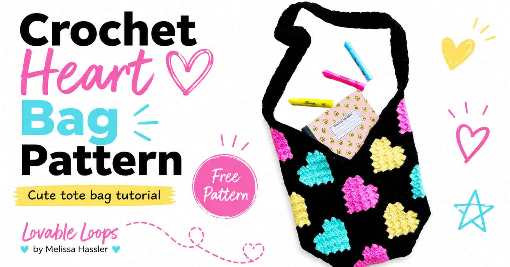 Crochet heart tote bag with a black background and repeating neon heart designs in aqua, pink, and yellow, shown with “Neon Heart Tote Bag” and “Free Pattern” text.