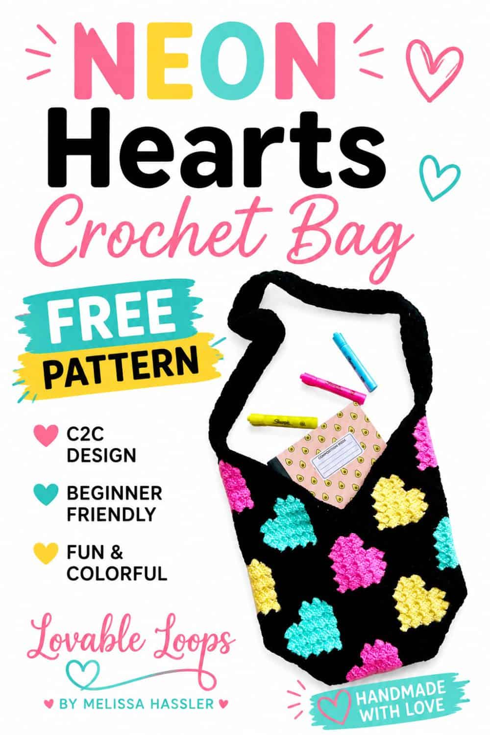 Black crochet heart tote bag with bright neon pink, aqua, and yellow heart motifs, shown with “Crochet Neon Hearts Tote Bag” and “Free Pattern” text on a white background.