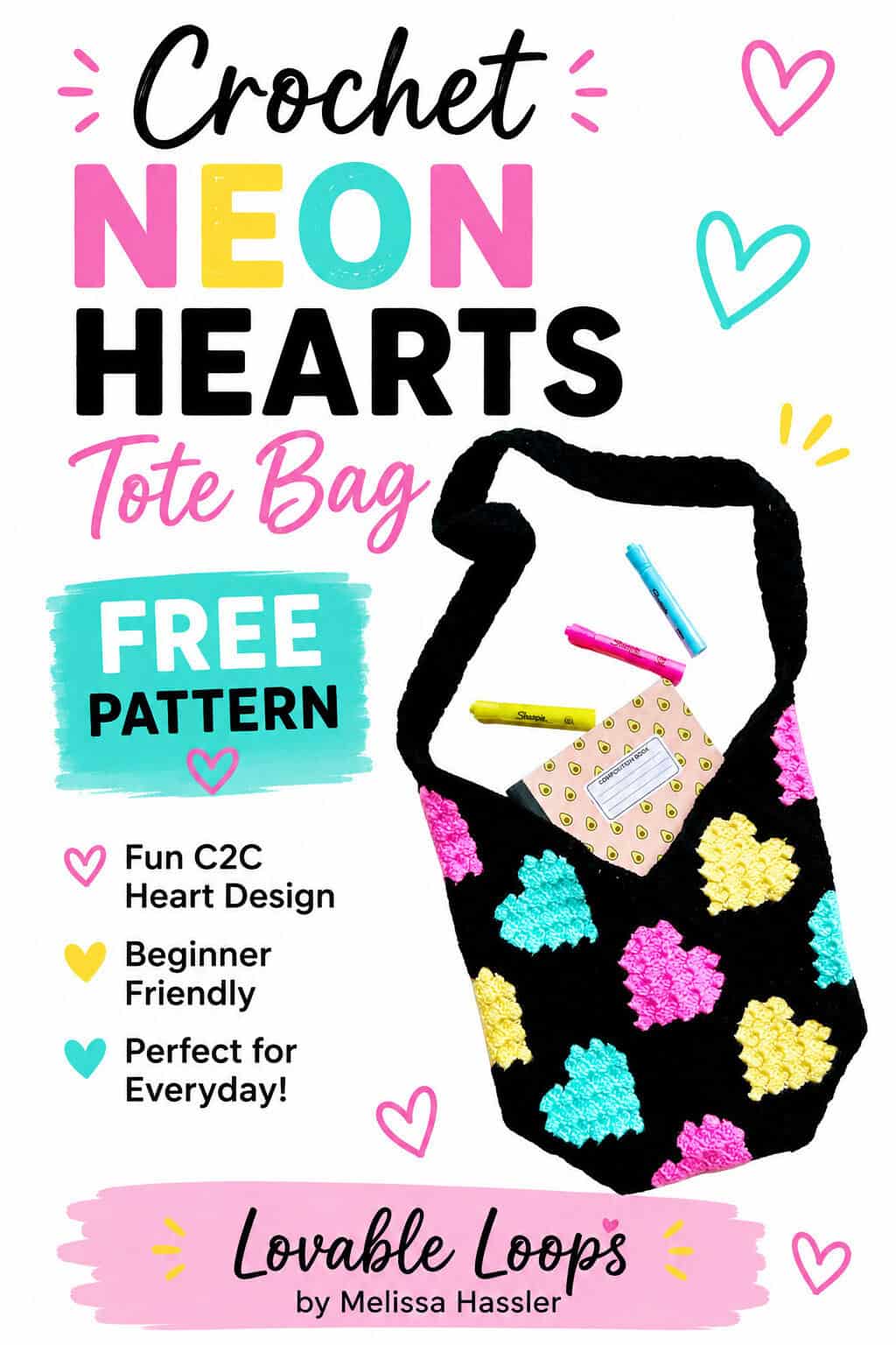 Neon hearts crochet bag featuring a black tote with colorful C2C heart motifs in pink, turquoise, and yellow, plus a black shoulder strap and school supplies inside.