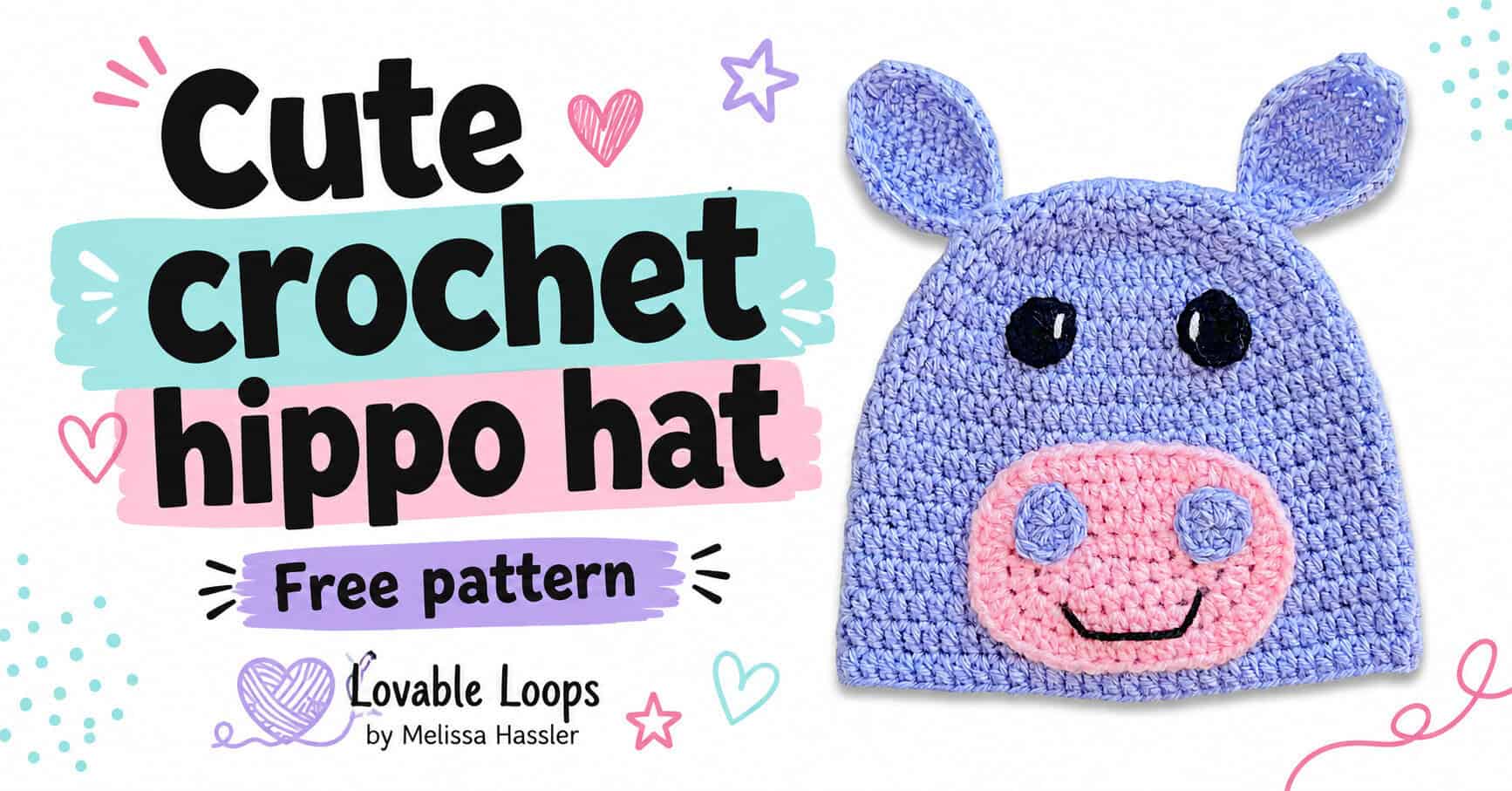 Purple crochet hippo hat with rounded ears, black eyes, and a pink snout beside text reading “Cute crochet hippo hat” and “Free pattern.”