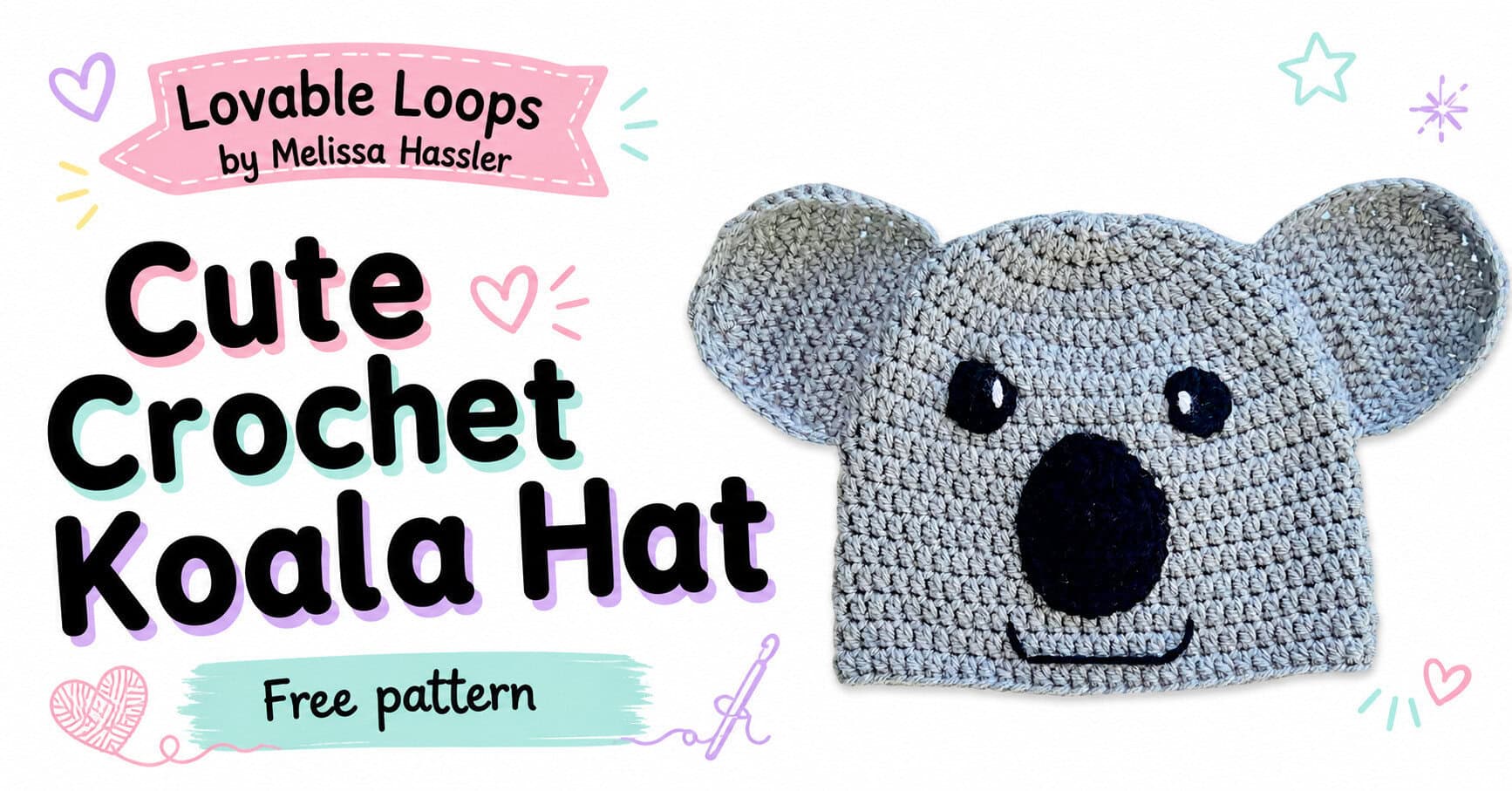 Gray crochet koala hat with large round ears, black eyes, an oversized black nose, and a stitched smile beside text reading “Cute Crochet Koala Hat” and “Free pattern.”