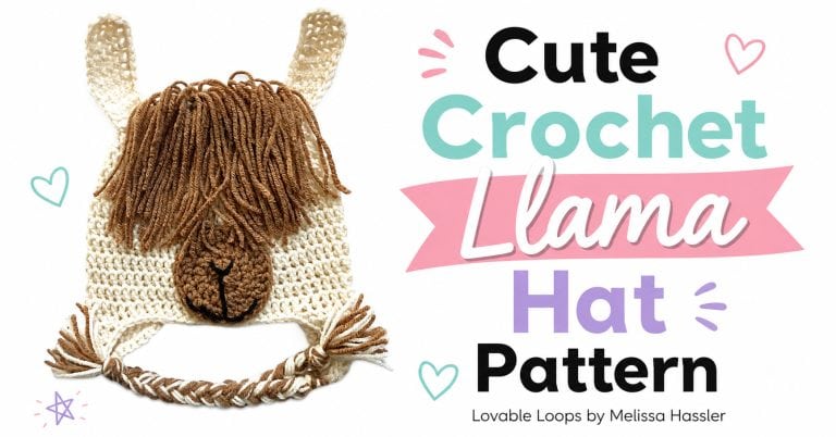 Landscape featured image showing a cream crochet llama hat with upright ears, long brown yarn hair, brown muzzle, braided ties, and tassels beside bold text reading “Cute Crochet Llama Hat Pattern.”