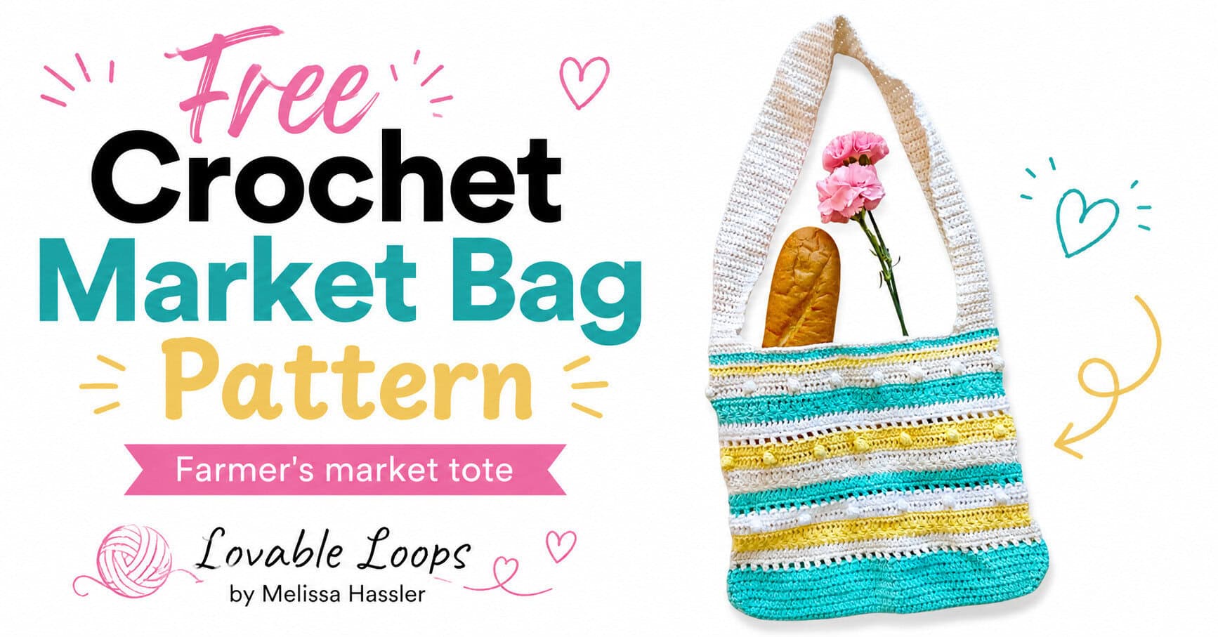 Aqua, yellow, cream, and white striped crochet market bag with textured stitches and a wide white shoulder strap, shown with bread and pink flowers inside.