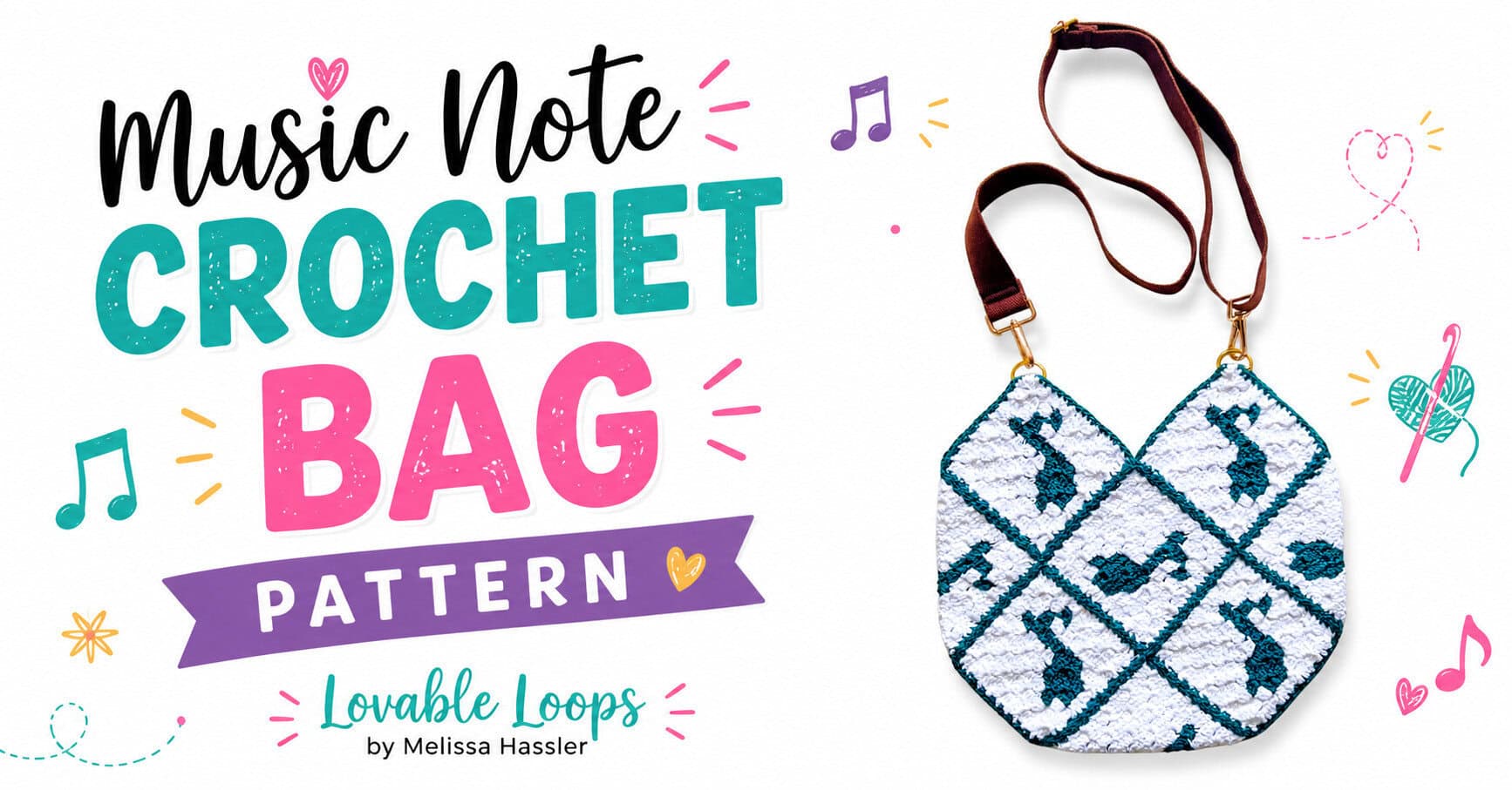 Crochet music note tote bag featuring white C2C squares with teal music notes, teal joining borders, and a dark crossbody strap on a bright white background.