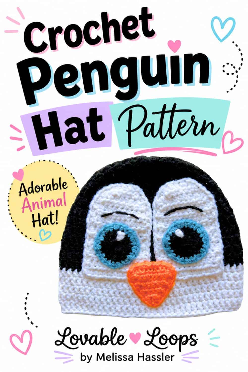 Pinterest pin showing a black-and-white crochet penguin hat with oversized blue eyes, white face details, black crown, and orange beak beneath colorful text reading “Crochet Penguin Hat Pattern.”