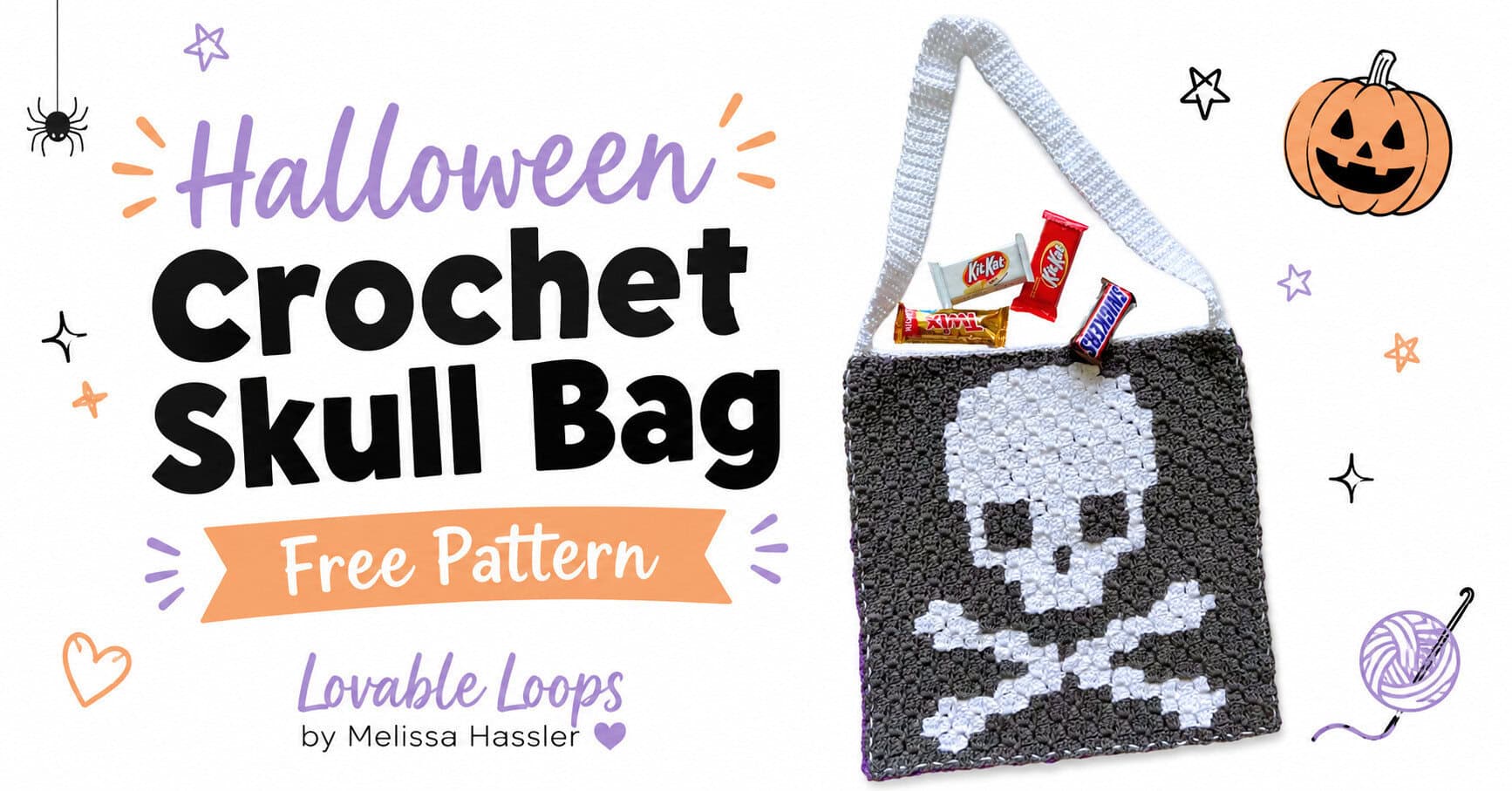 Gray crochet skull tote bag with a large white skull and crossbones design, white strap, and candy bars peeking from the top, shown with “Halloween Crochet Skull Bag” and “Free Pattern” text.