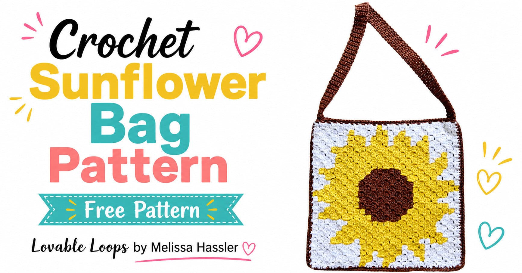 Bright crochet sunflower bag with yellow petals, brown center, white background, and brown shoulder strap, shown beside “Crochet Sunflower Bag Pattern” text.