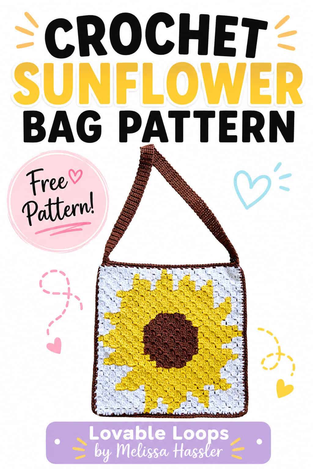 Crochet sunflower shoulder bag with a large yellow sunflower and brown center on a white background, shown with “Crochet Sunflower Bag Pattern” and “Free Pattern” text.