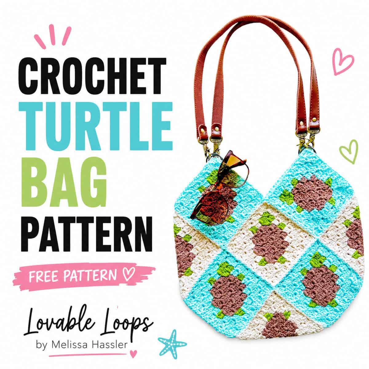 Crochet turtle purse made from aqua and cream granny squares with brown-and-green turtle motifs, brown leather-style handles, and sunglasses clipped near the top.