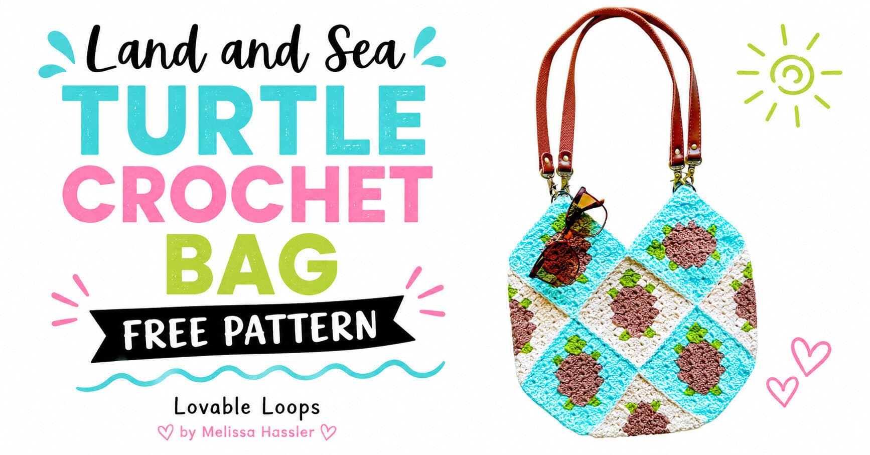 Crochet turtle bag featuring aqua, cream, brown, and green turtle granny squares with brown handles, shown with bold “Turtle Crochet Bag Pattern” and “Free Pattern” text on a white background.