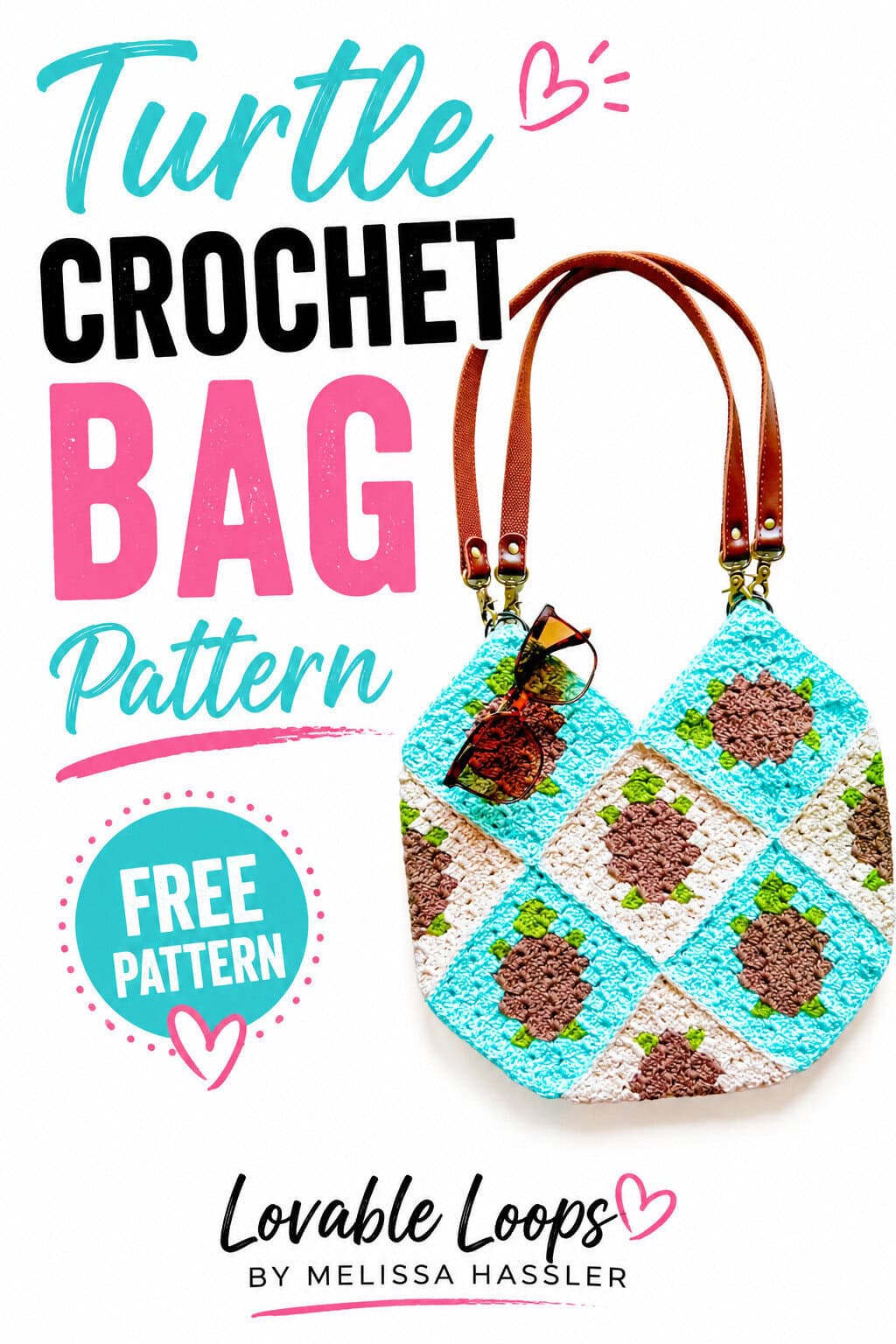 Land and Sea turtle crochet bag with alternating aqua and cream turtle squares, green accents, brown handles, and bold “Free Pattern” text on a bright white background.