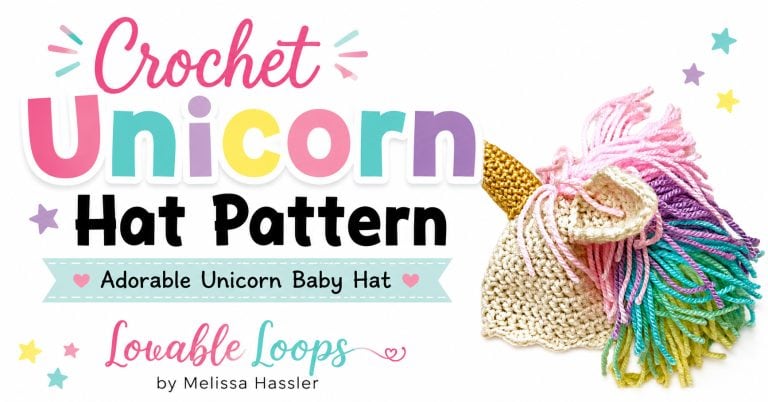 Landscape featured image showing a cream crochet unicorn hat with a gold horn, cream ear, and colorful yarn mane beside text reading “Crochet Unicorn Hat Pattern.”