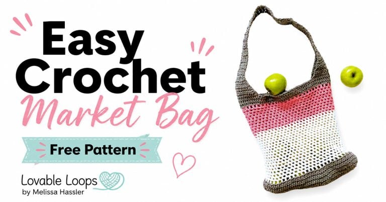 Crochet market bag featuring a brown border and shoulder strap, pink and white mesh sections, and green apples, shown with “Easy Crochet Market Bag Pattern” text.