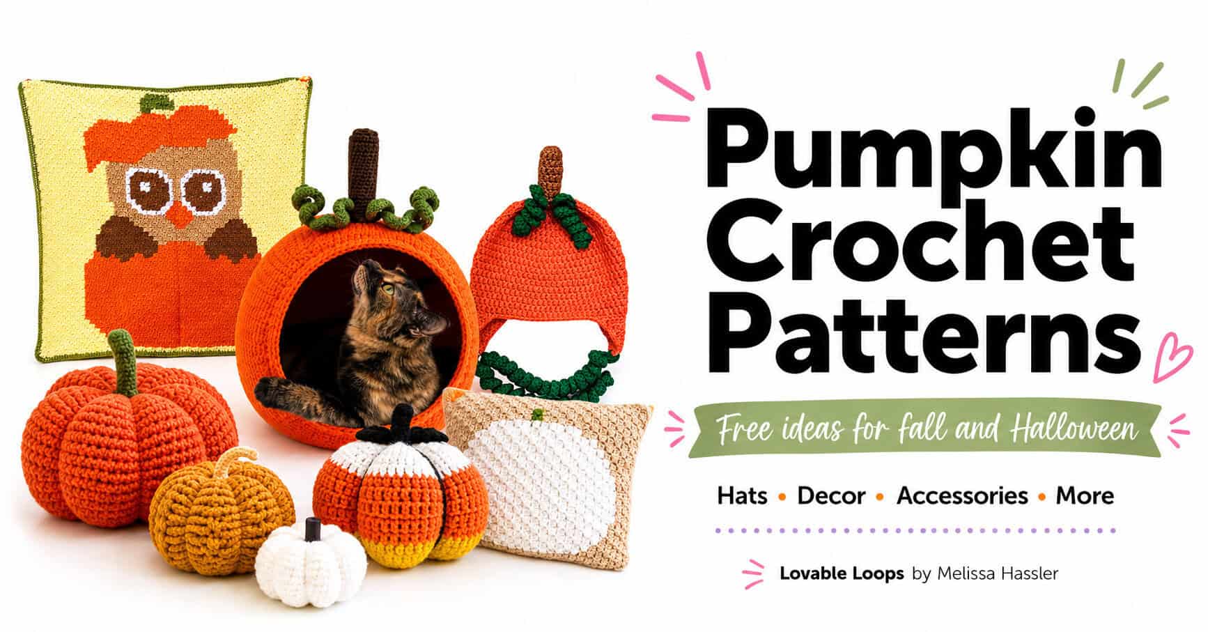 Free crochet pumpkin patterns for fall and Halloween featuring hats, blankets, home décor, crocheted pumpkins, and a pumpkin cat bed.