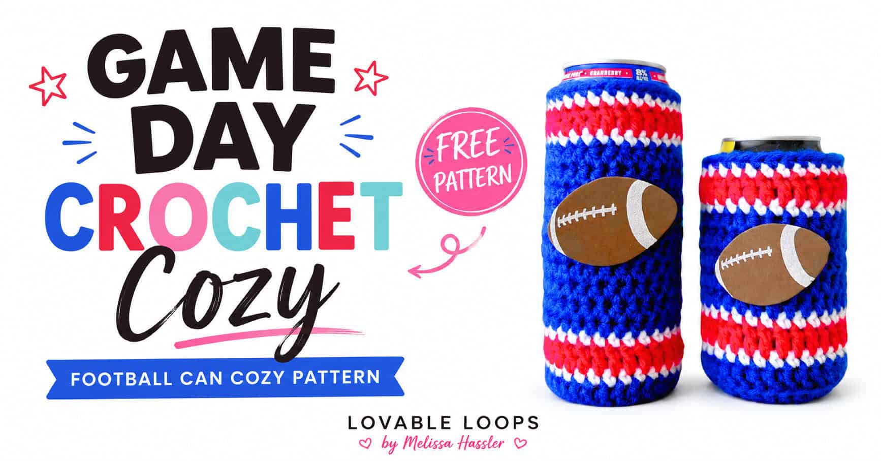 Football game day crochet can cozy in blue, red, and white with a brown football applique, shown in both slim can and standard can sizes with “Football Can Cozy Crochet Pattern” text.