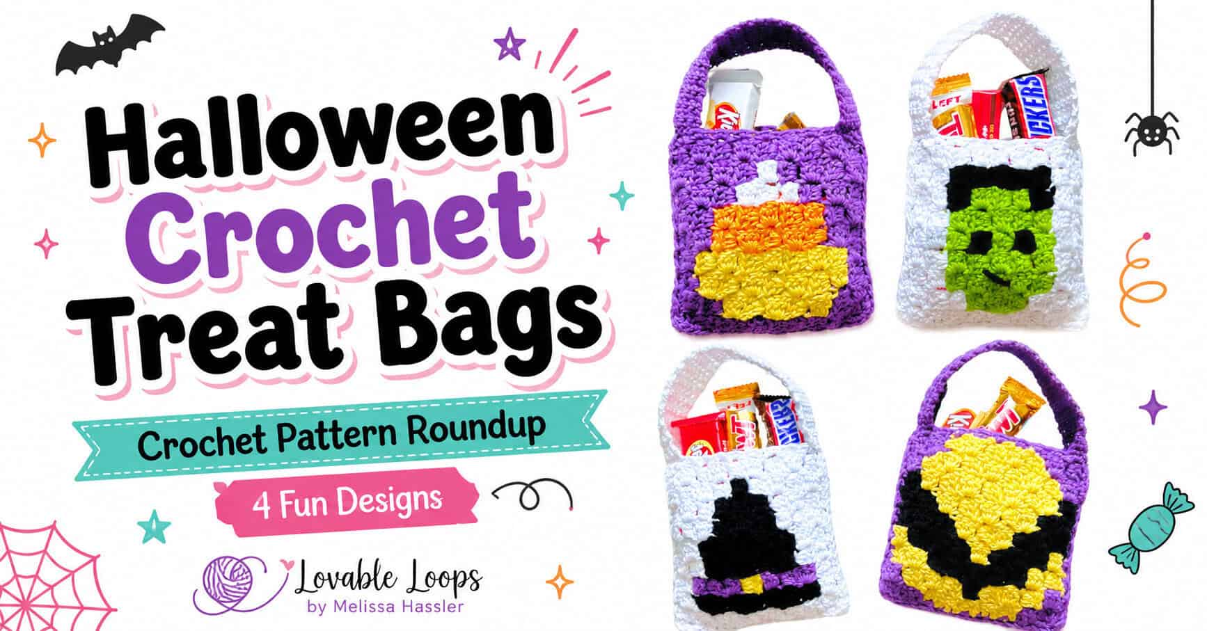 Four Halloween crochet treat bags filled with candy, including candy corn, Frankenstein, witch hat, and moon designs, with “Halloween Crochet Treat Bag Patterns” text.