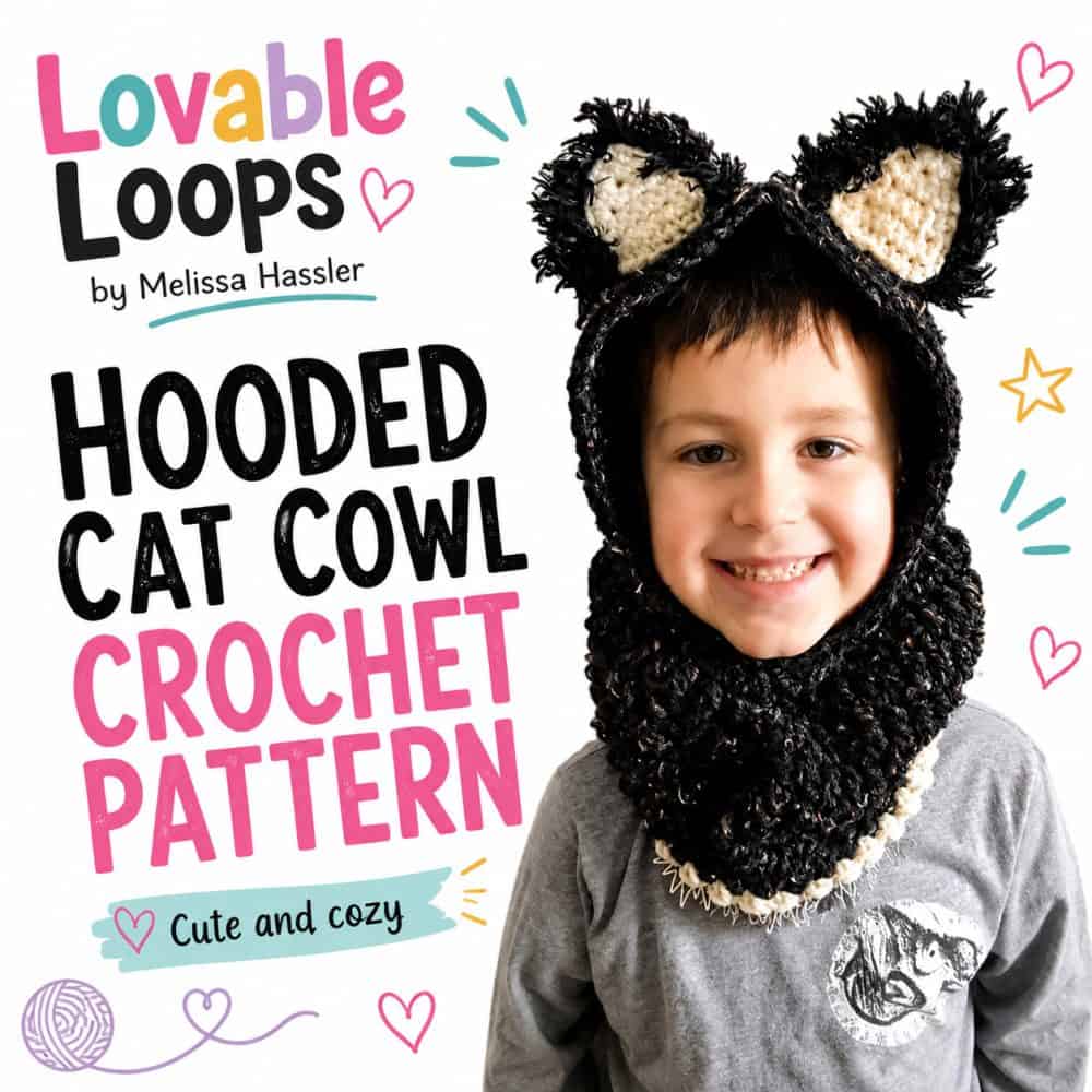 Square graphic featuring a black hooded cat cowl with pointed ears, cream inner ear details, and chunky textured crochet stitches worn by a smiling child.