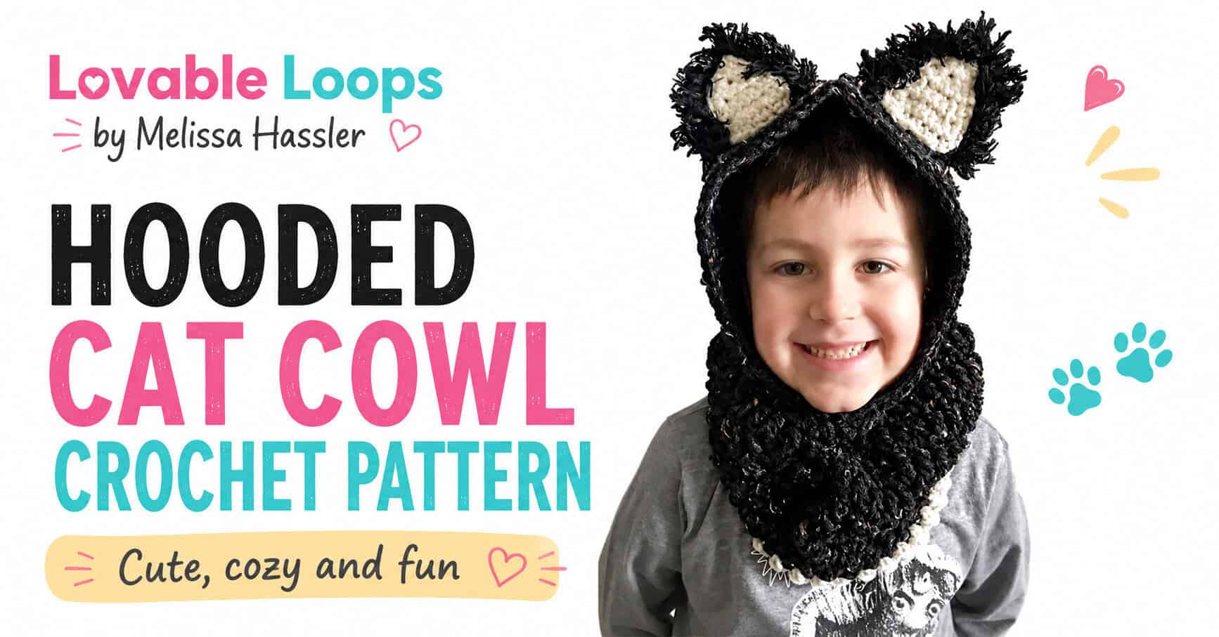 Landscape graphic showing a child wearing a black crochet hooded cat cowl with pointed ears and cream accents beside bold “Hooded Cat Cowl Crochet Pattern” text.