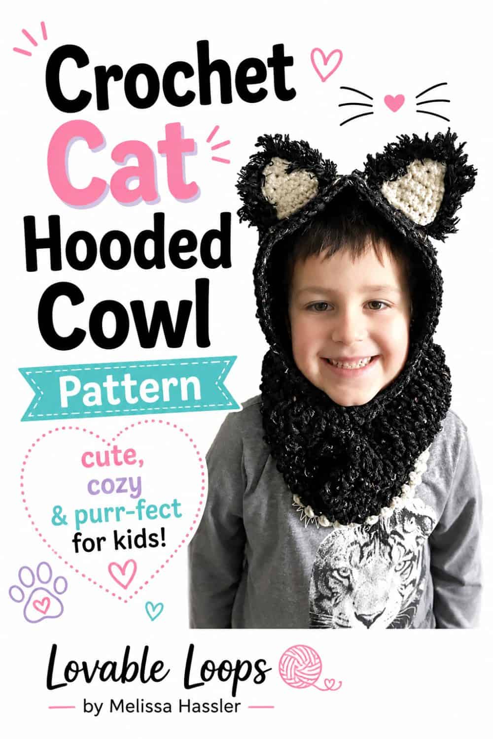 Child wearing a black crochet hooded cat cowl with pointed cat ears, cream inner ear details, and a chunky textured neck warmer on a bright white background.