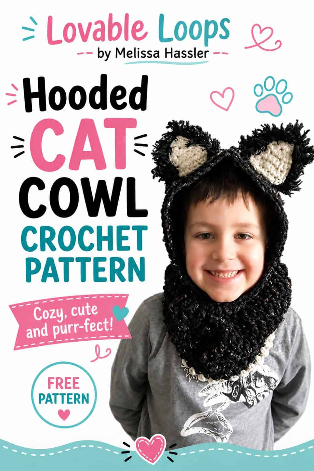 Crochet cat hooded cowl pattern graphic featuring a smiling child wearing a black cat-ear hood with cream accents and a thick cozy crochet cowl.