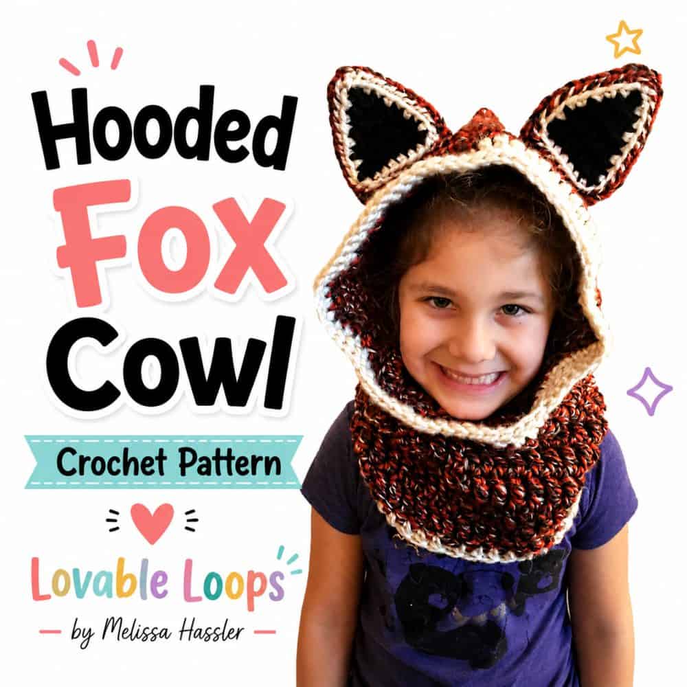 Square graphic featuring a child wearing a hooded fox crochet cowl with large pointed ears, cream trim, and a cozy multicolor neck section.