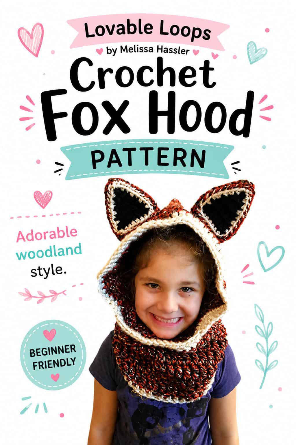 Child wearing a handmade crochet fox hooded cowl with pointed fox ears, cream edging, and a chunky brown, black, and rust-colored neck warmer.
