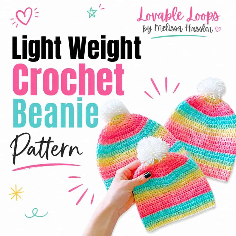 Square light weight crochet beanie pattern image featuring three pink, aqua, yellow, and white striped hats with large white pom-poms beside bold black and pastel lettering.