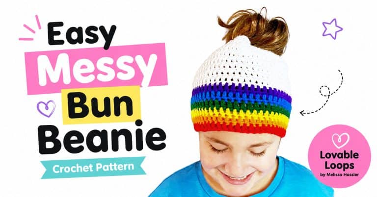 Easy slouchy beanie crochet pattern featured image showing a woman in a pale blue crochet hat beside bold black and aqua text on a clean white background.