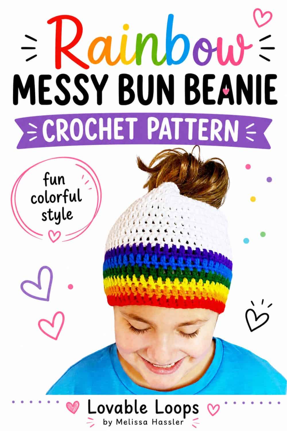 Crochet slouchy beanie pattern graphic showing a woman modeling a pale blue textured winter hat with playful heart accents and Lovable Loops branding.