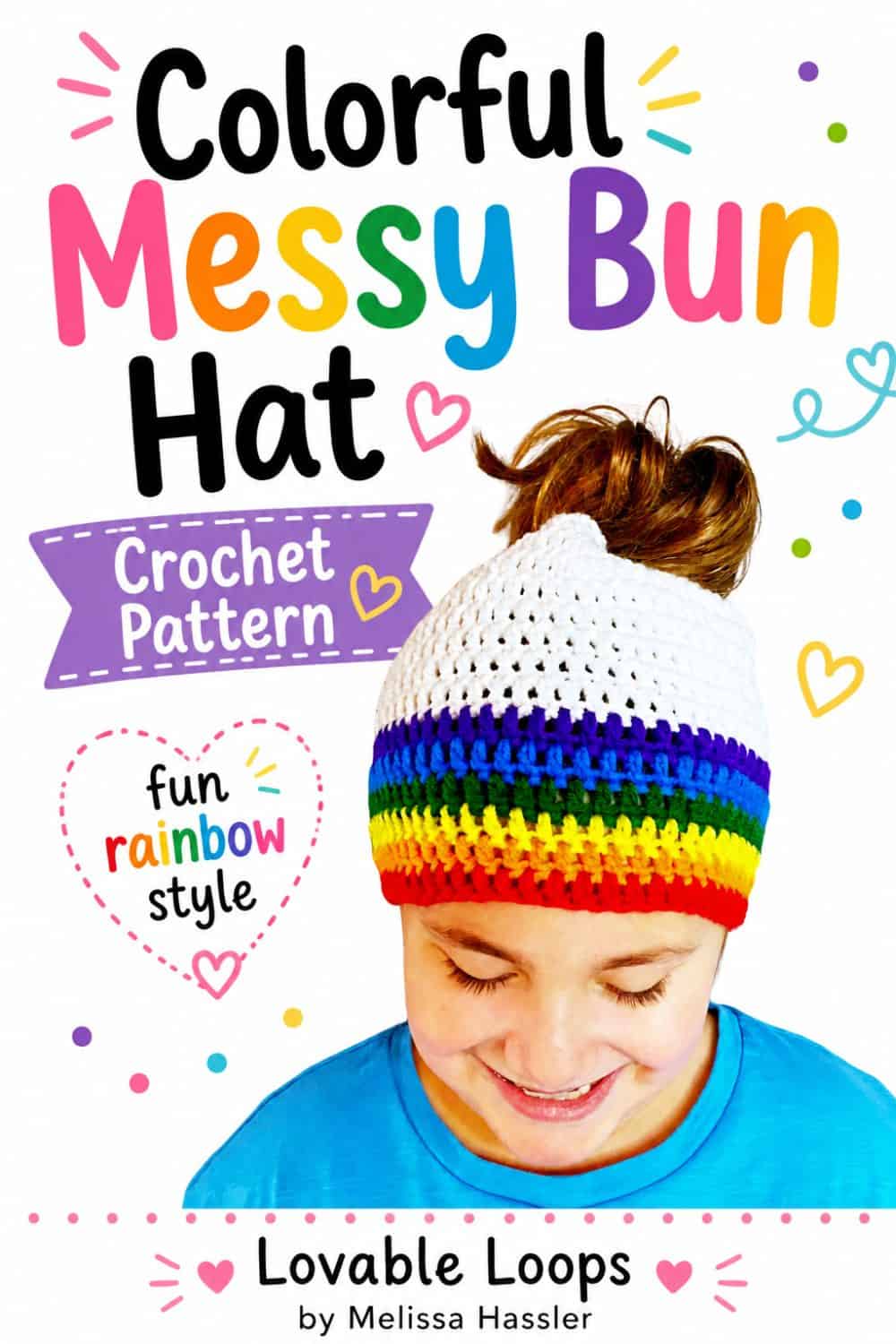 Slouchy beanie crochet pattern featuring a woman wearing a soft blue textured crochet hat beside bold black, pink, and aqua text on a bright white background.