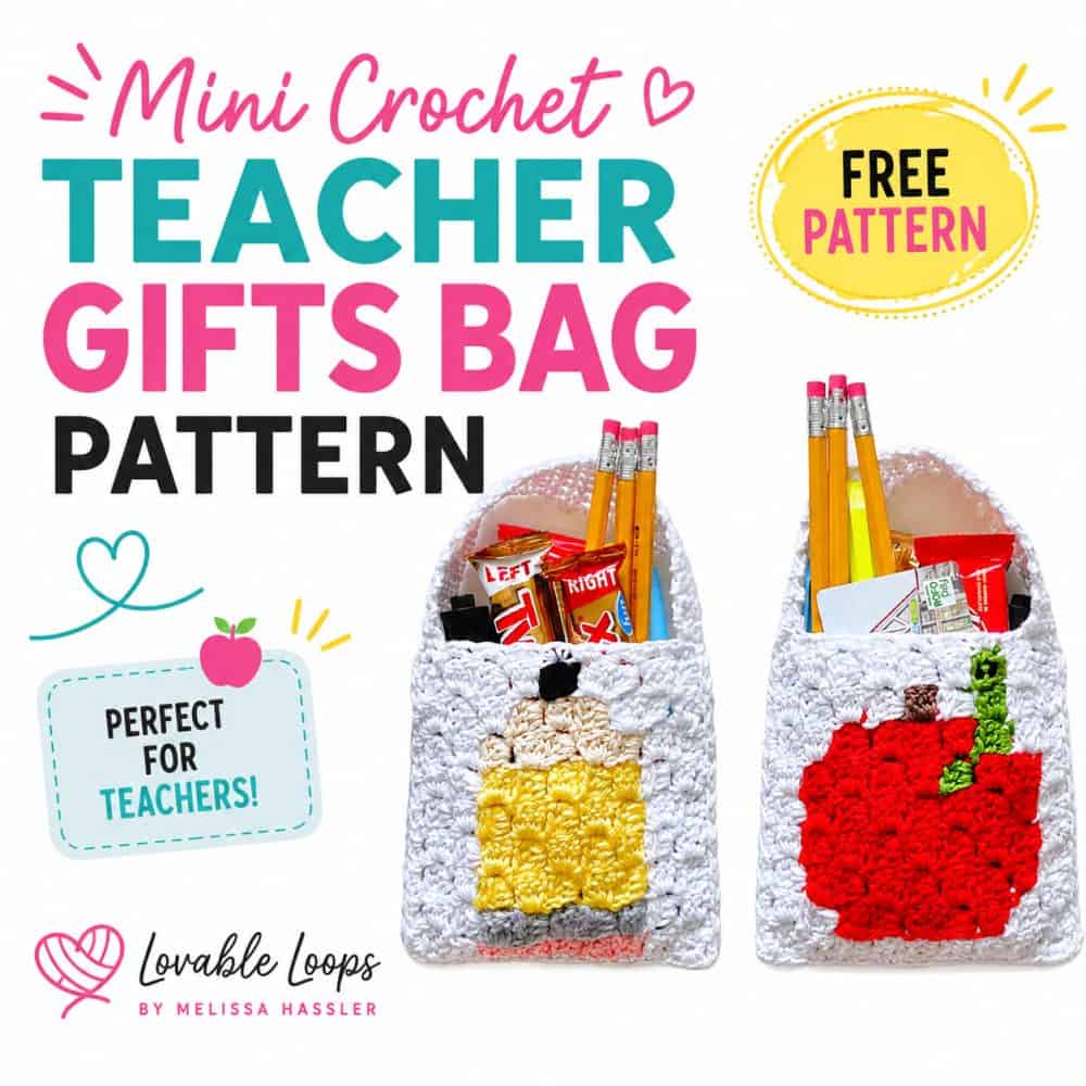 Back-to-school crochet gift bags with pencil and apple motifs, filled with pencils and treats for a handmade teacher gift.
