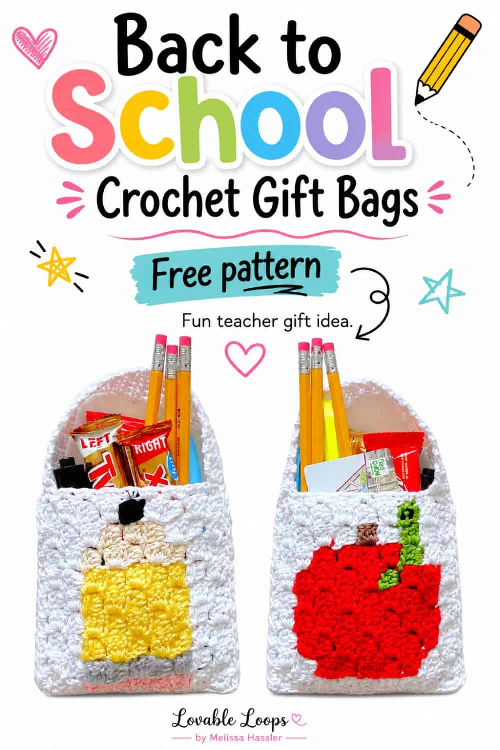 Free mini crochet teacher gift bag pattern showing white crochet bags with colorful pencil and apple designs, filled with school supplies and candy.