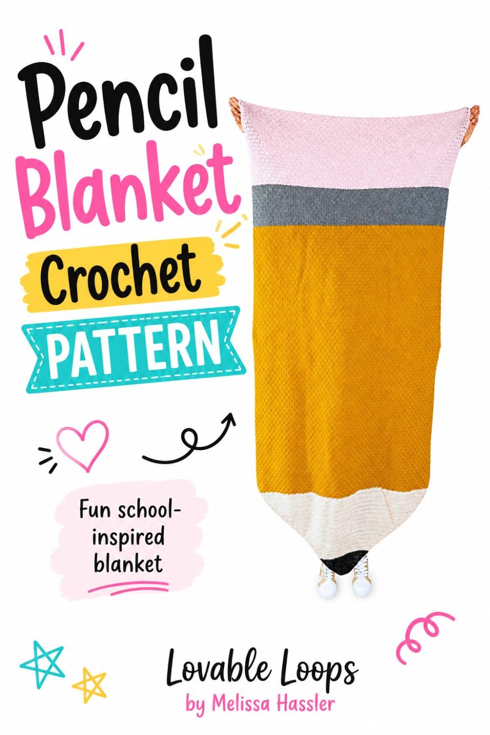 Pinterest pin featuring a giant pencil-shaped crochet blanket in pink, gray, mustard yellow, cream, and black beside text reading “Crochet Pencil Blanket Pattern.”
