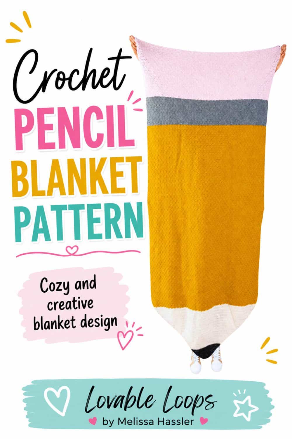 Pinterest pin showing a full pencil-shaped crochet blanket held vertically beside bold text reading “Pencil Blanket Crochet Pattern” and “Fun school-inspired blanket.”