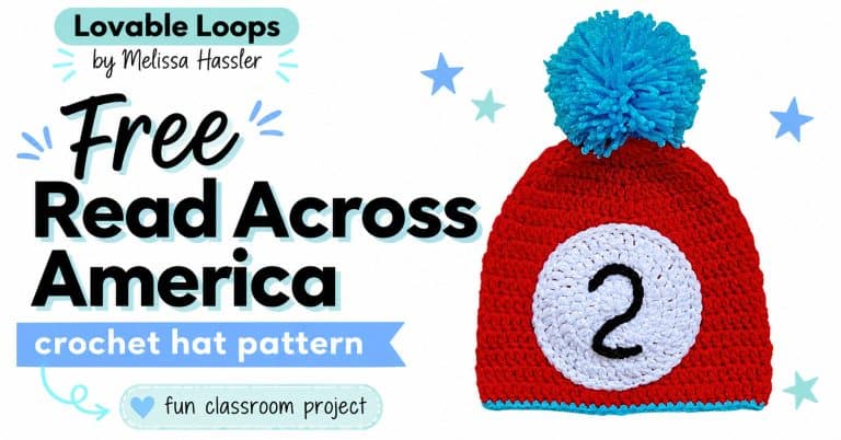 Red crochet Thing 2 hat with a blue pom-pom beside text reading “Free Read Across America crochet hat pattern” and “Fun classroom project.”