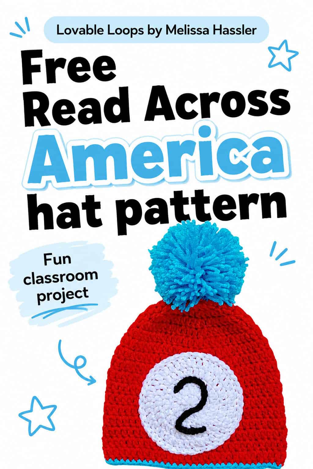 Red crochet hat with a white number 2 patch and blue pom-pom beneath text reading โRead Across America crochet hat pattern.โ