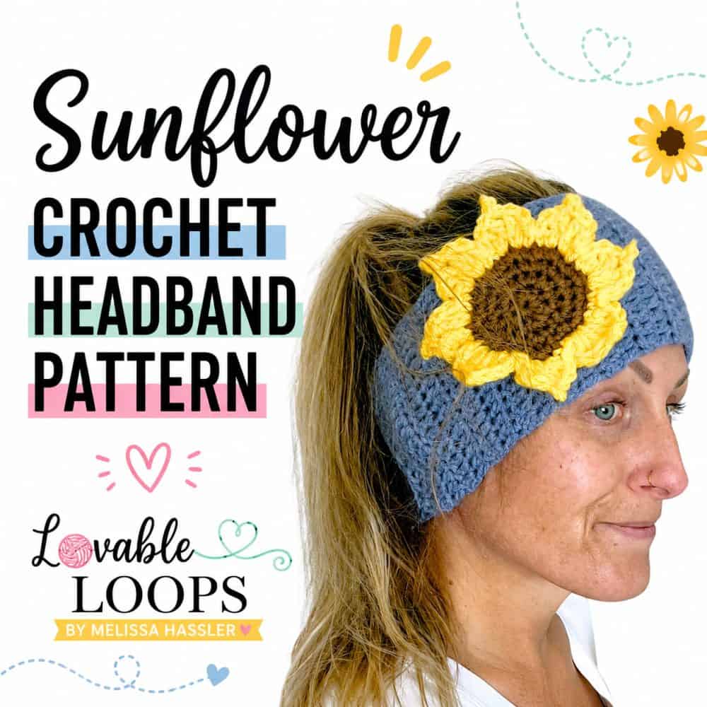 Square graphic featuring a blue crochet sunflower headband with a large yellow flower accent and ponytail-friendly design worn by a woman.