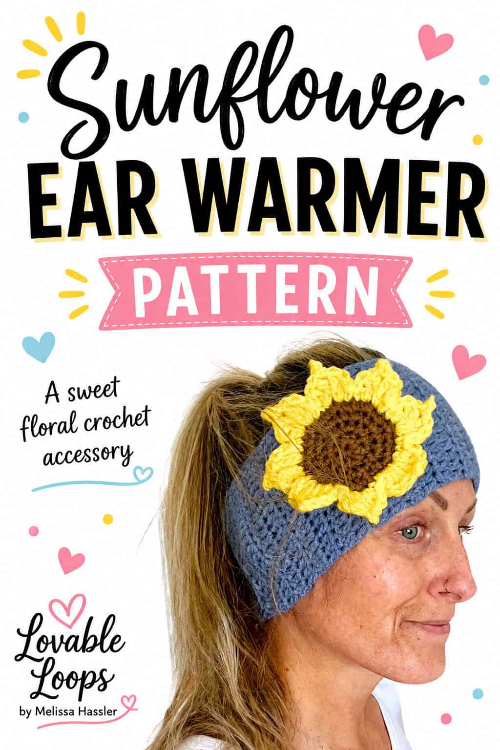 Sunflower crochet ear warmer featuring a blue headband, bright yellow flower petals, brown center, and ponytail opening, modeled against a clean white background.