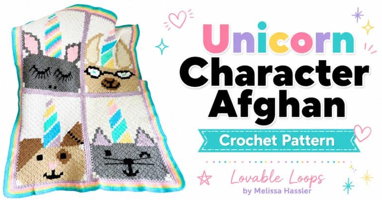 Landscape graphic showing a colorful unicorn character afghan with four C2C crochet panels, pastel horns, animal faces, and a rainbow border beside text reading “Unicorn Character Afghan Crochet Pattern.”
