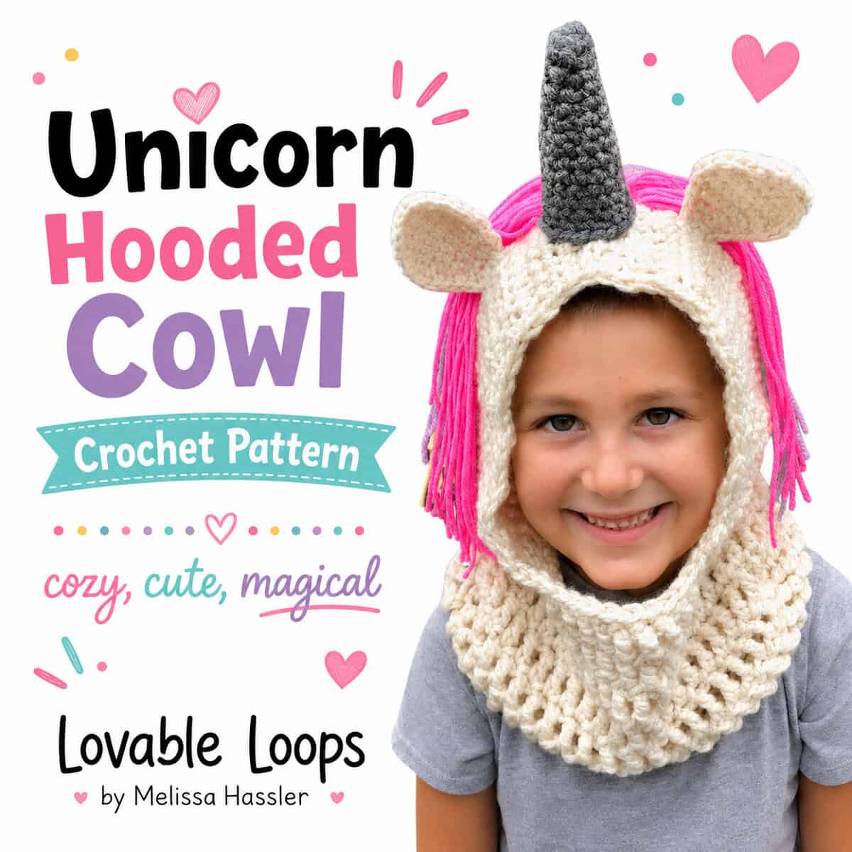 Square graphic featuring a crochet unicorn hooded cowl with cream ears, a dark gray horn, bright pink yarn mane, and chunky cream neck warmer.