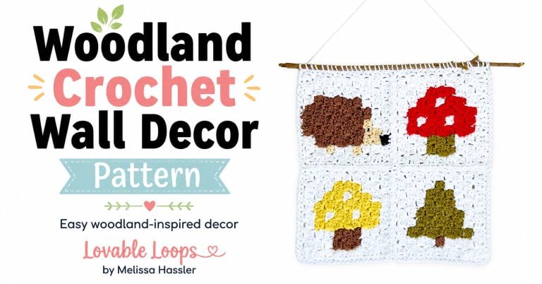 Handmade woodland crochet wall hanging suspended from a rustic branch with a hedgehog, red mushroom, yellow mushroom, and green tree arranged across four white crochet panels.