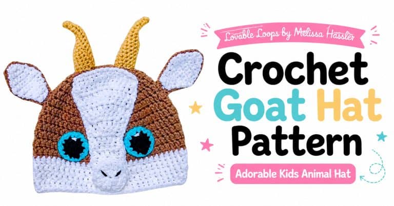 Landscape featured image showing a brown-and-white crochet goat hat with golden horns, white ears, large turquoise eyes, a long white muzzle, and small black nostrils beside text reading “Crochet Goat Hat Pattern.”
