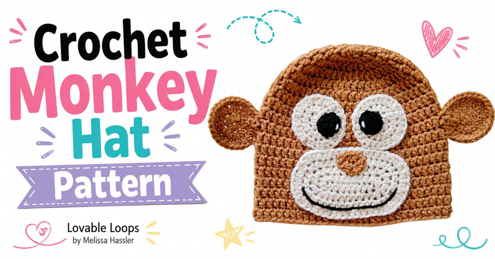Landscape featured image showing a brown crochet monkey hat with round ears, cream eye patches and muzzle, black eyes, brown nose, and smiling mouth beside bold text reading “Crochet Monkey Hat Pattern.”