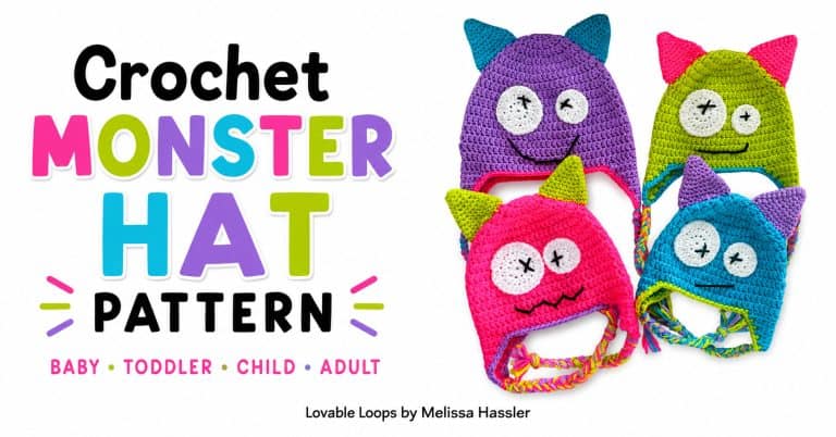 Featured image for a crochet monster hat pattern showing four colorful monster hats with horns, ear flaps, braids, and text noting baby, toddler, child, and adult sizes.