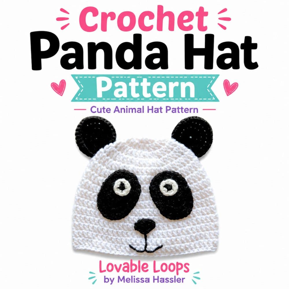 Square graphic featuring a white crochet panda hat with round black ears, black eye patches, cream-and-black eyes, black nose, and stitched smile beneath bold text reading “Crochet Panda Hat Pattern.”