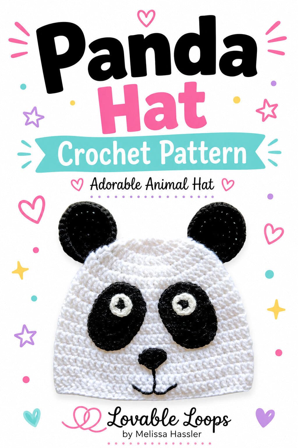 Pinterest pin featuring a white crochet panda hat with round black ears, black eye patches, cream-and-black eyes, black nose, and stitched smile beneath bold text reading “Cute Crochet Panda Hat Pattern.”