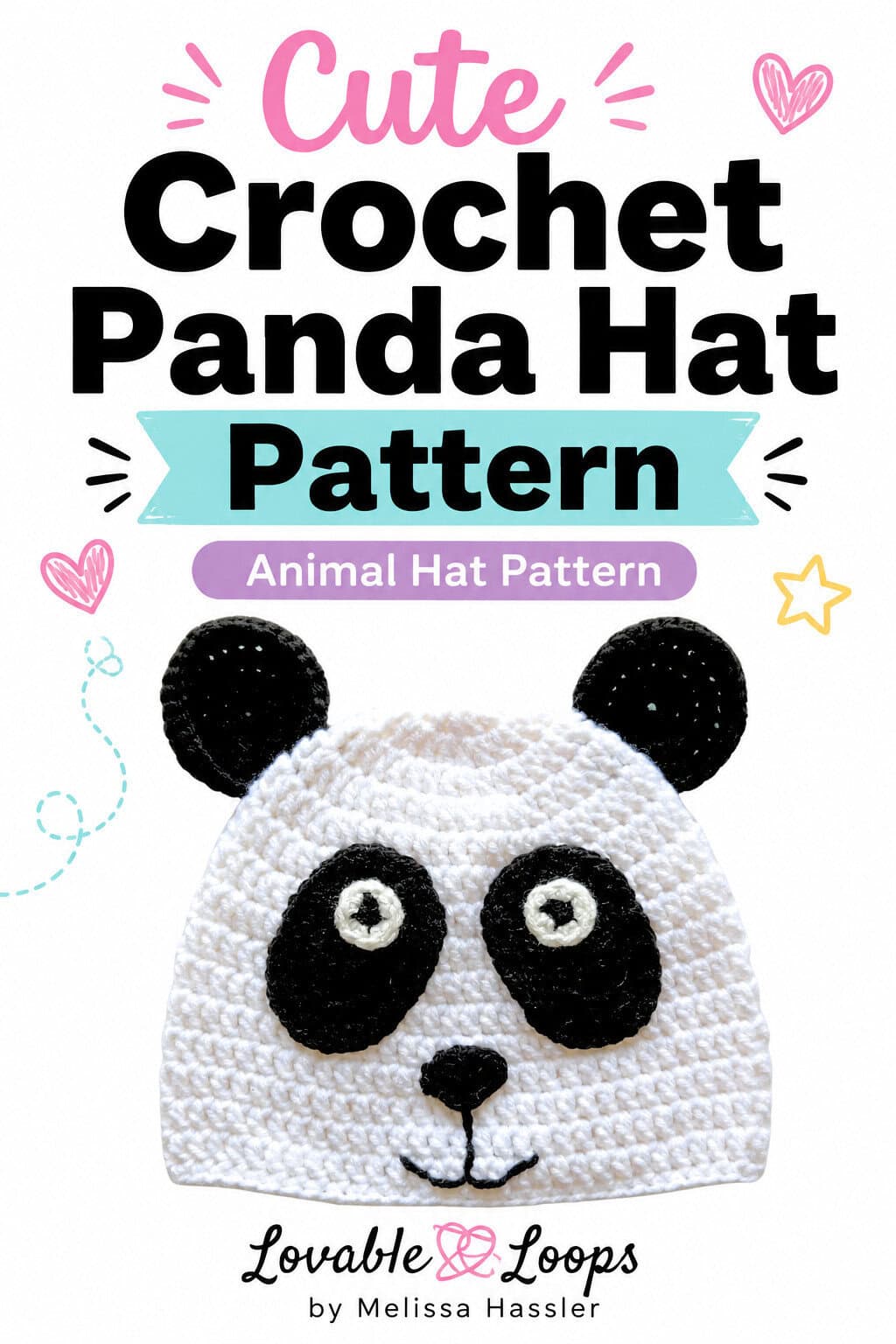 Pinterest pin showing a white crochet panda hat with black ears, black eye patches, cream eyes, black nose, and stitched mouth beneath colorful text reading “Panda Hat Crochet Pattern.”