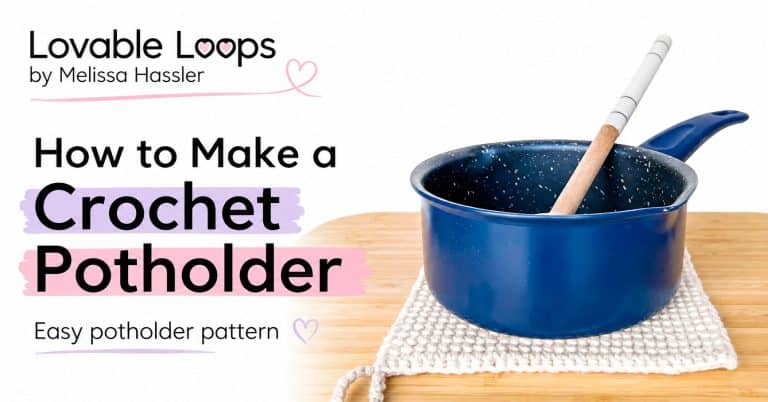 Crochet potholder pattern graphic featuring a thick white square potholder with a loop under a blue cooking pot, paired with easy kitchen crochet text on a bright white background.